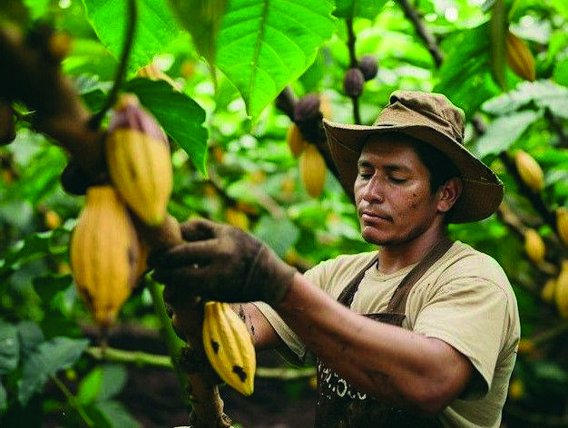 Productor revisando mazorcas de cacao en el árbol