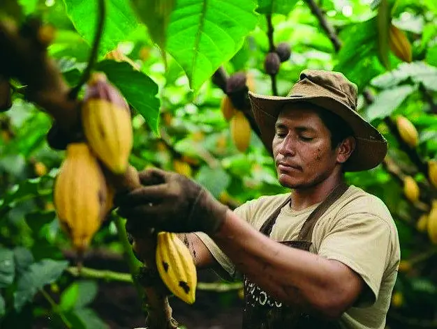 Productor revisando mazorcas de cacao en el árbol
